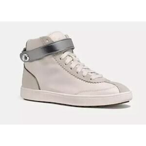 Coach C213 High Top Sneakers White Silver Leather Suede 9.5